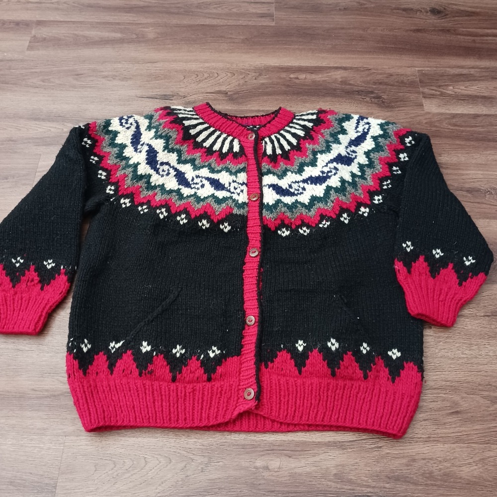 VTG Earth Traders Chunky Wool Button Up Sweater Cardigan Black One Size OS